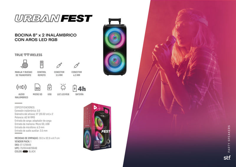 Bafle Bocina portatil | STF Urban Fest | 8" x 2 pulgadas 4 hrs uso 60W función TWS audio inálambrico
