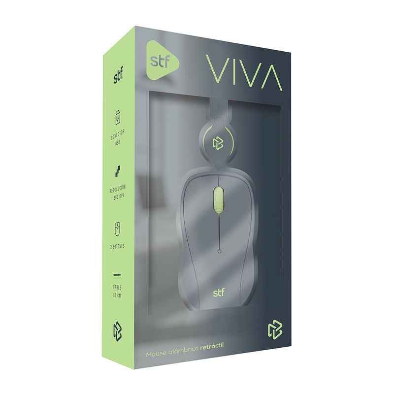 Mouse Alámbrico Retráctil STF VIVA: 1600 DPI, Ergonómico, USB, 80cm, Gris