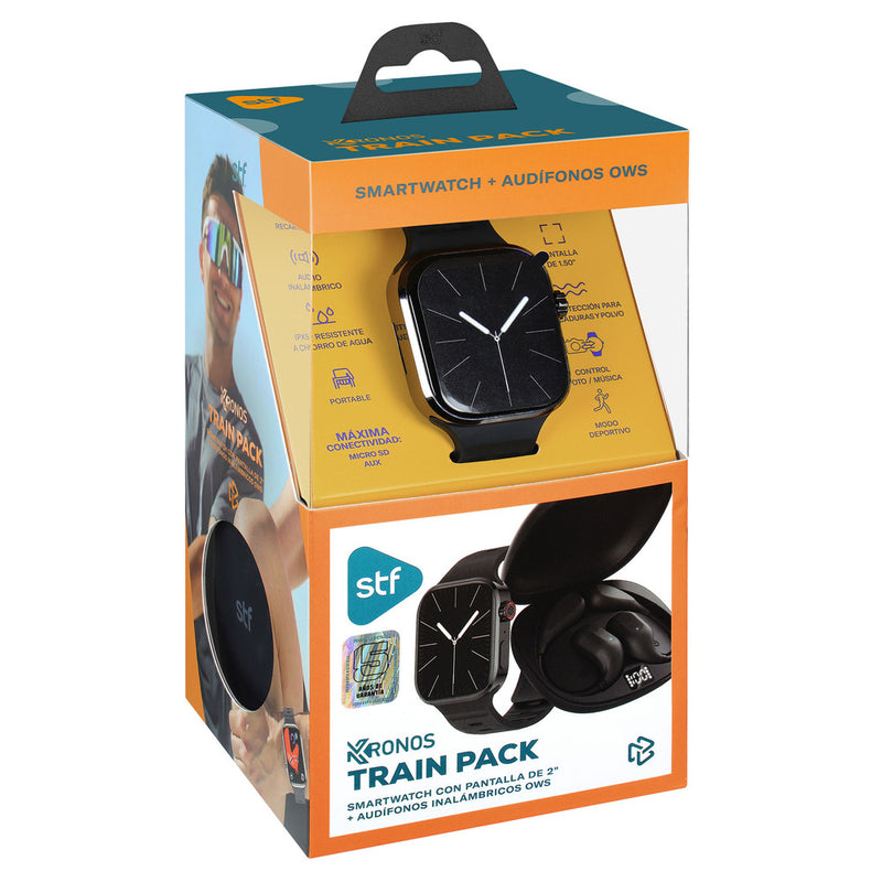 Kronos Train Pack STF: Smartwatch 2" + Audífonos Inalámbricos OWS, resistentes al agua, negro