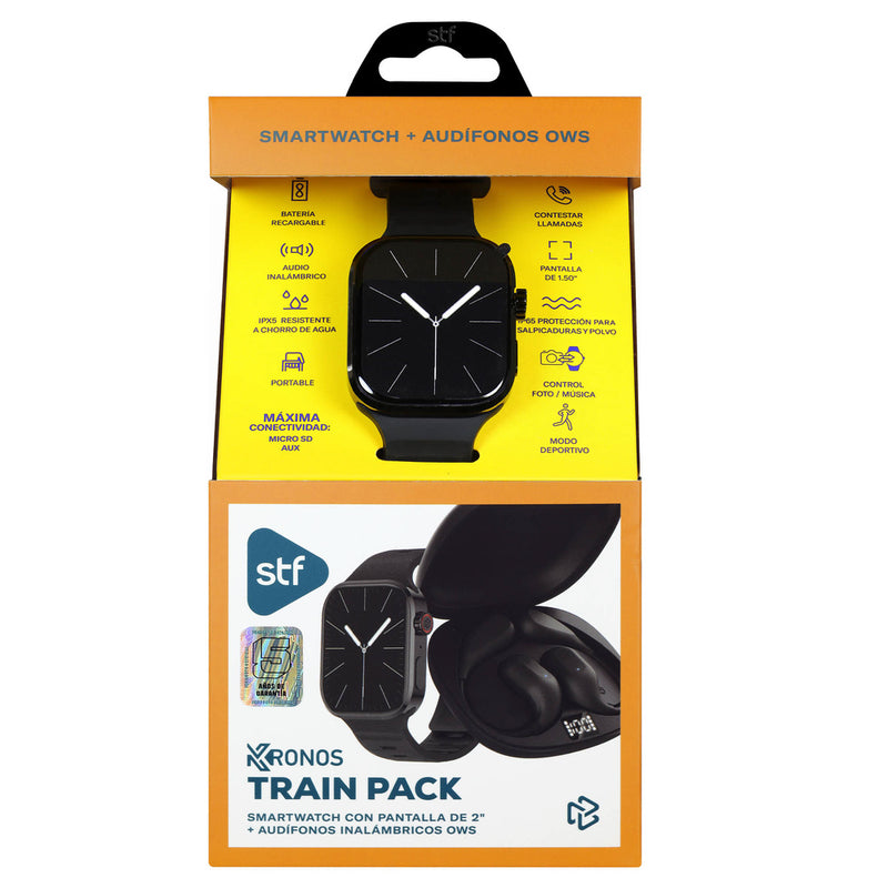 Kronos Train Pack STF: Smartwatch 2" + Audífonos Inalámbricos OWS, resistentes al agua, negro