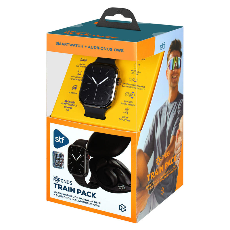 Kronos Train Pack STF: Smartwatch 2" + Audífonos Inalámbricos OWS, resistentes al agua, negro