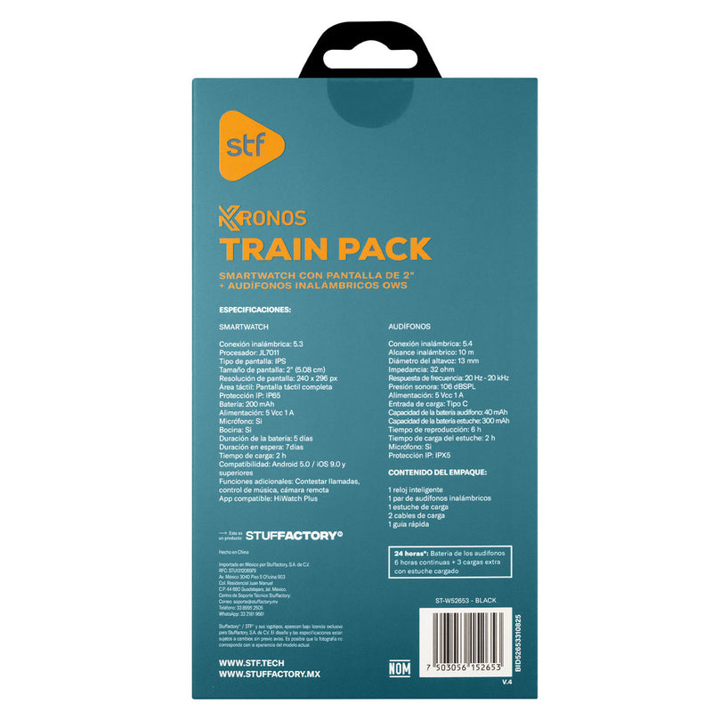 Kronos Train Pack STF: Smartwatch 2" + Audífonos Inalámbricos OWS, resistentes al agua, negro