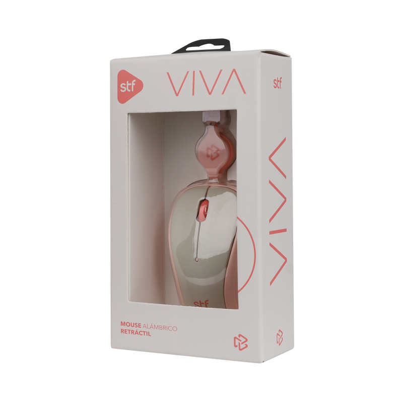 Mouse Alámbrico Retráctil STF VIVA: 1600 DPI, Ergonómico, USB, 80cm, Rosa