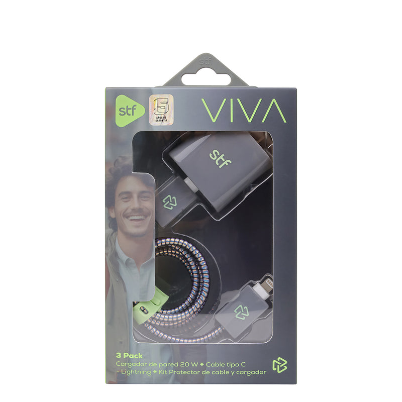 3 Pack Carga Ultra Rápida STF VIVA: Cargador 20W + Cable 60 W Tipo C-Lightning + Kit protector Gris