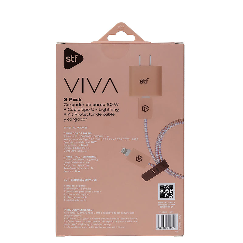3 Pack Carga Ultra Rápida VIVA: Cargador 20W + Cable 60 W Tipo C-Lightning + Kit protector Nude