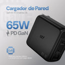 Cargador Pared GaN 65W 3 Salidas Tipo C Dual + USB Carga Ultra Rápida
