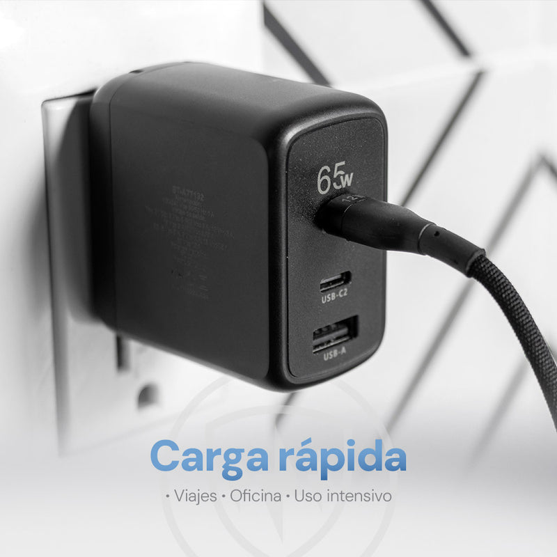 Cargador Pared GaN 65W 3 Salidas Tipo C Dual + USB Carga Ultra Rápida