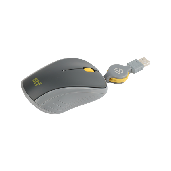 Mouse Alámbrico Retráctil STF VIVA: 1600 DPI, Ergonómico, USB, 80cm, Gris Grafito