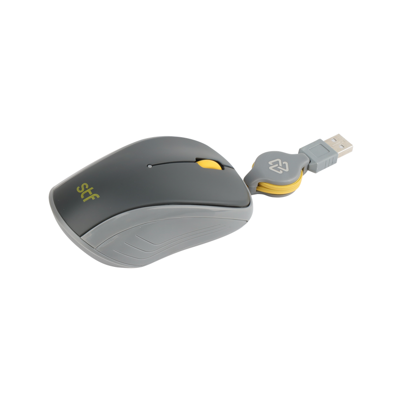 Mouse Alámbrico Retráctil STF VIVA: 1600 DPI, Ergonómico, USB, 80cm, Gris Grafito