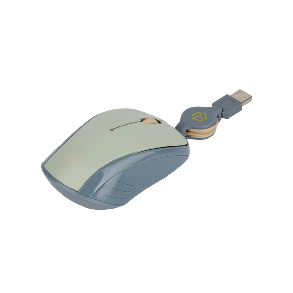 Mouse Alámbrico Retráctil STF VIVA: 1600 DPI, Ergonómico, USB, 80cm, Menta Gris