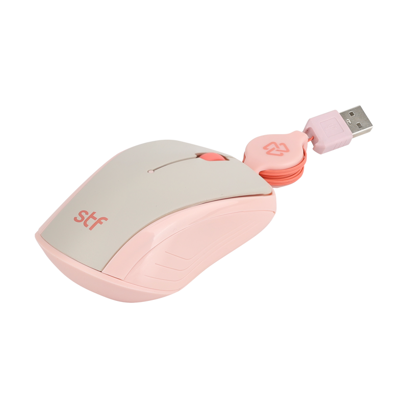 Mouse Alámbrico Retráctil STF VIVA: 1600 DPI, Ergonómico, USB, 80cm, Rosa