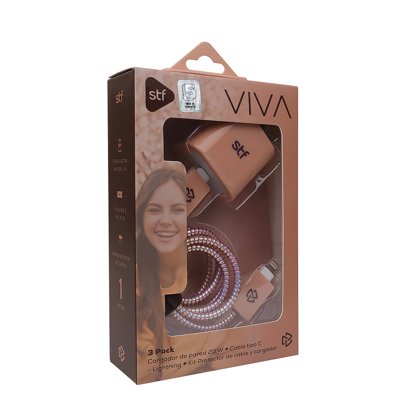3 Pack Carga Ultra Rápida VIVA: Cargador 20W + Cable 60 W Tipo C-Lightning + Kit protector Nude