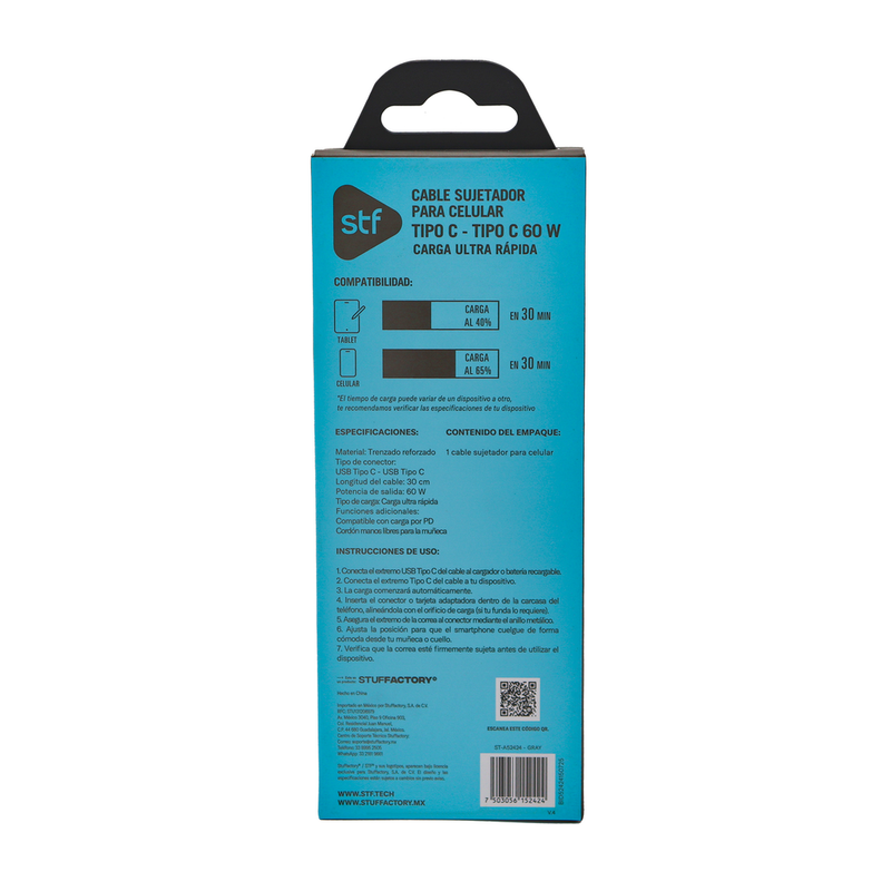 Cable Sujetador STF Tipo C: 60W, Carga Rápida, Función Soporte, 30 cm