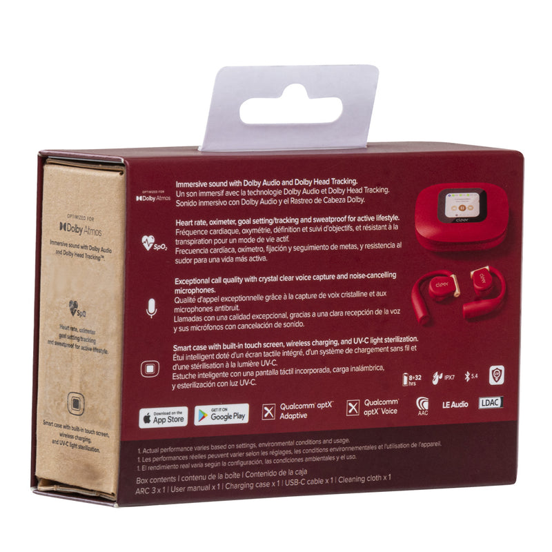 Audifonos Cleer ARC 3 Sport-Pro Open-Ear: Hi-Res, IPX7, 50h Batería, Estuche Smart UV rojo