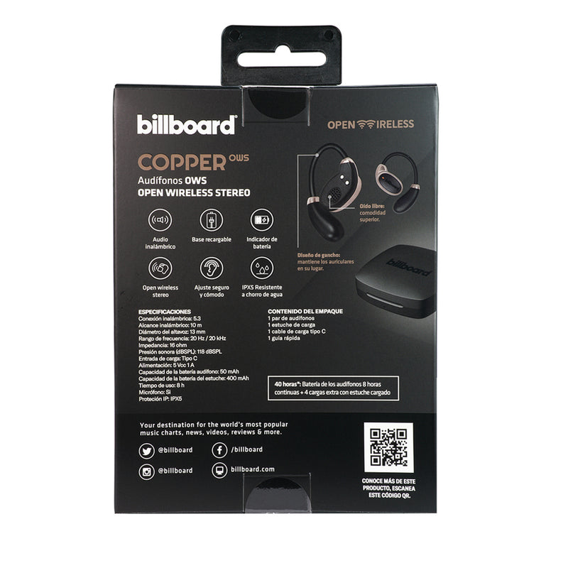 Audífonos Inalámbricos OWS | Billboard Copper | 8hrs uso protección IPX5