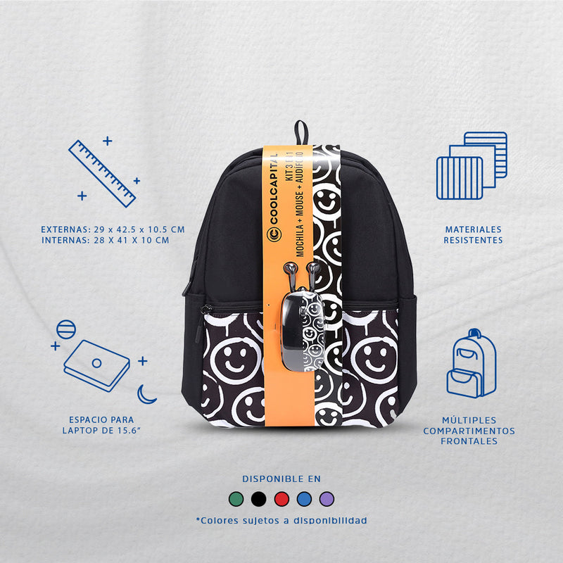 Mochila para laptop + mouse alámbrico | CoolCapital Happy Face | 15" pulgadas combo