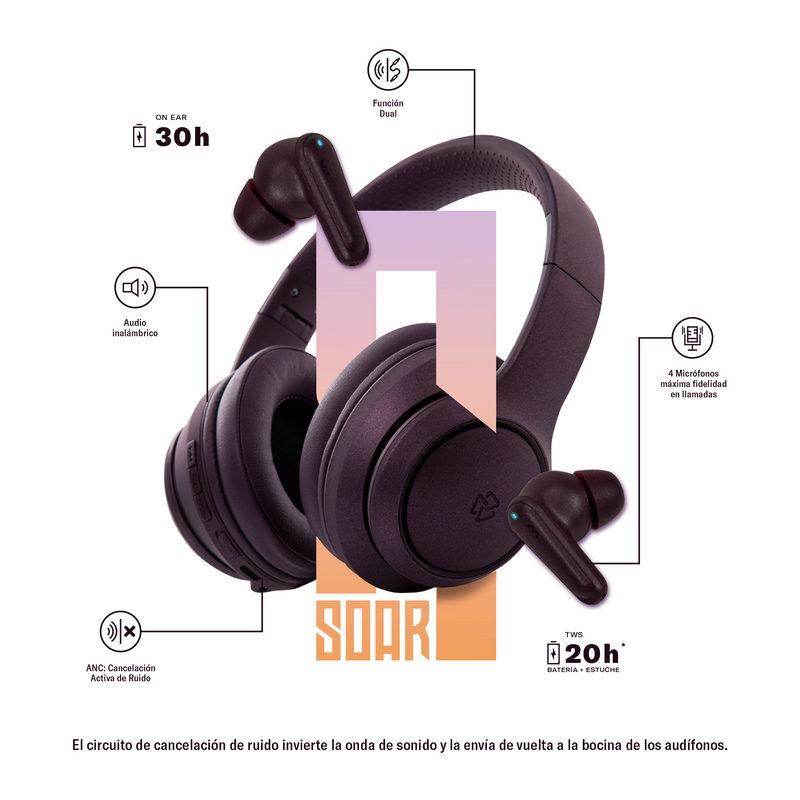 Audífonos inalámbricos On ear | STF Soar ANC | 30 hrs uso función dual morado