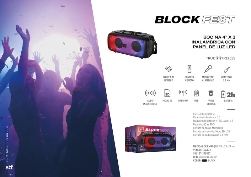 Bocina Inalámbrica portátil | STF Block Fest | 4" pulgadas 50W función TWS protección IPX5