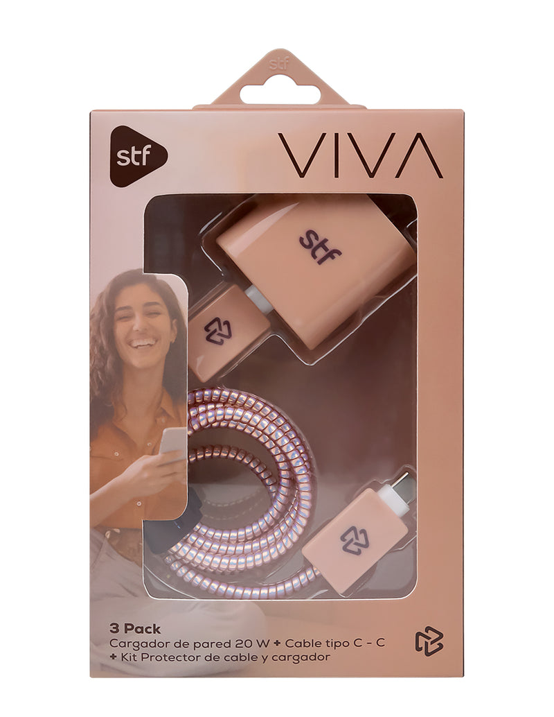3 Pack Carga Ultra Rápida STF VIVA: Cargador 20W + Cable 60 W Tipo C-Tipo C + Kit protector Nude