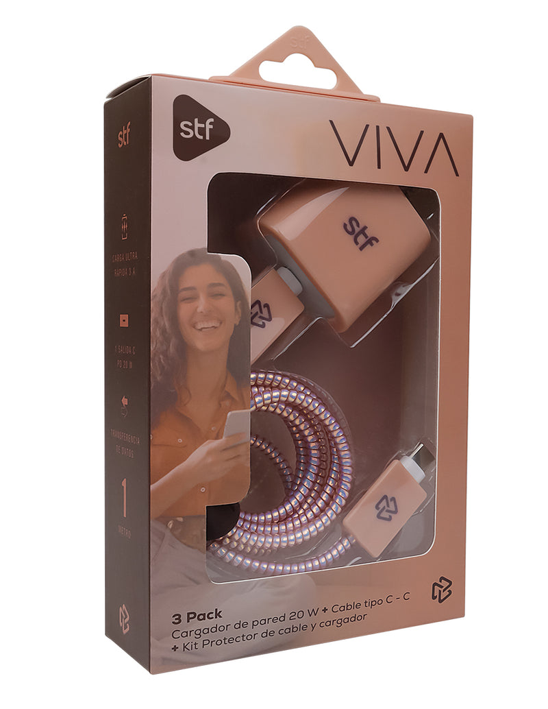 3 Pack Carga Ultra Rápida STF VIVA: Cargador 20W + Cable 60 W Tipo C-Tipo C + Kit protector Nude
