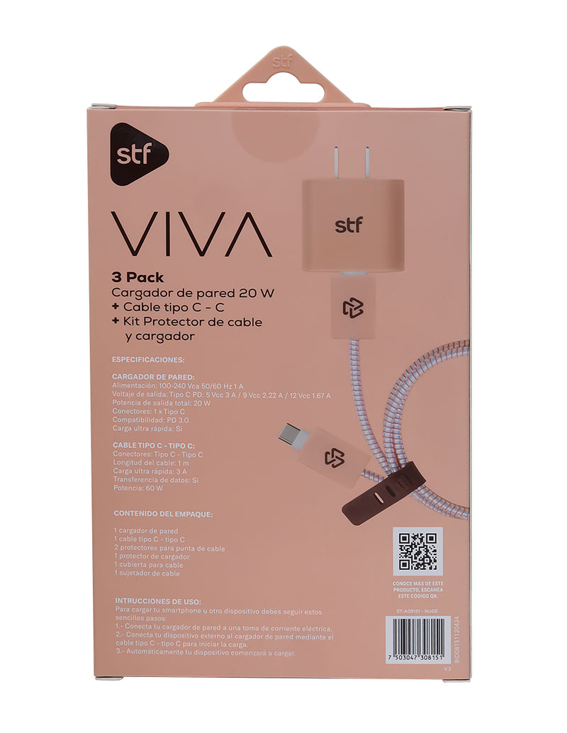 3 Pack Carga Ultra Rápida STF VIVA: Cargador 20W + Cable 60 W Tipo C-Tipo C + Kit protector Nude