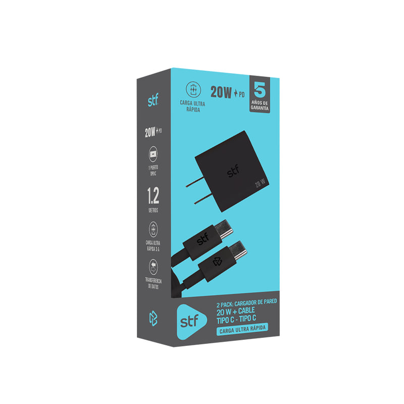 2 Pack STF: Cargador de pared 20W + Cable USB-C a USB-C 60W, Carga ultra rápida