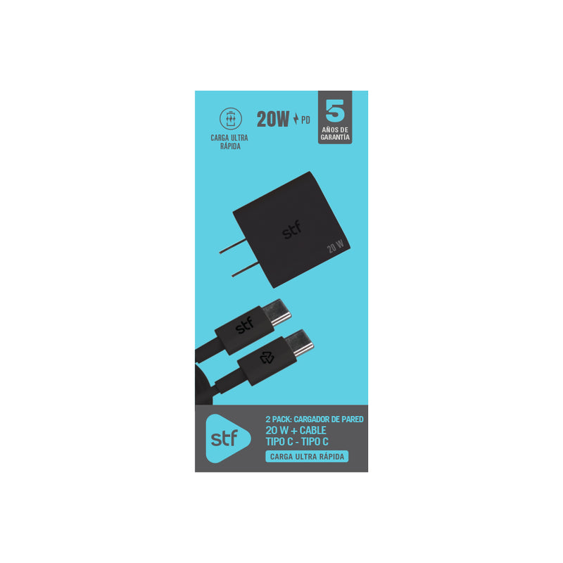 2 Pack STF: Cargador de pared 20W + Cable USB-C a USB-C 60W, Carga ultra rápida