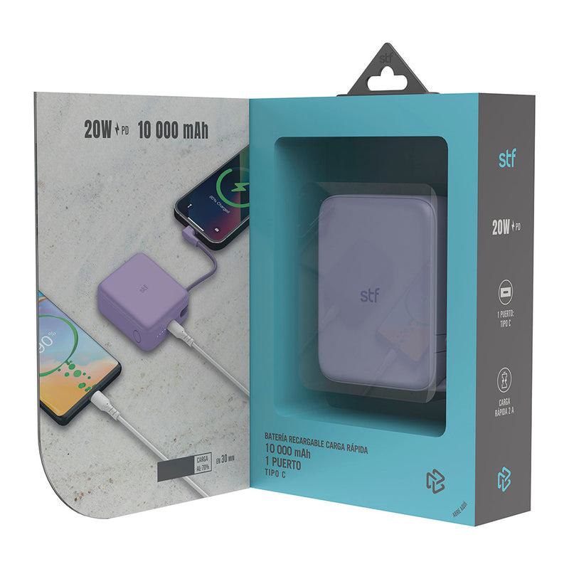 Batería Power Bank Portátil STF 10 000 mAh 20W PD Cable tipo C integrado Lila