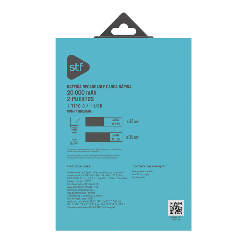 Batería Power Bank Portátil STF 20 000 mAh 20W PD Cable tipo C Lila