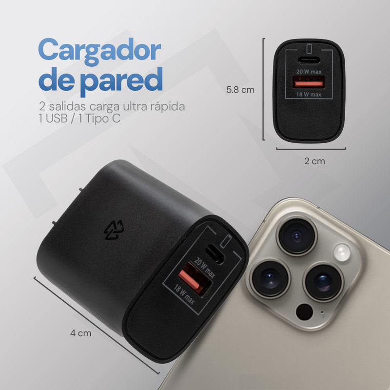 Cargador Pared 20W Doble Salida Carga Ultra Rápida 3A Tipo C + USB negro