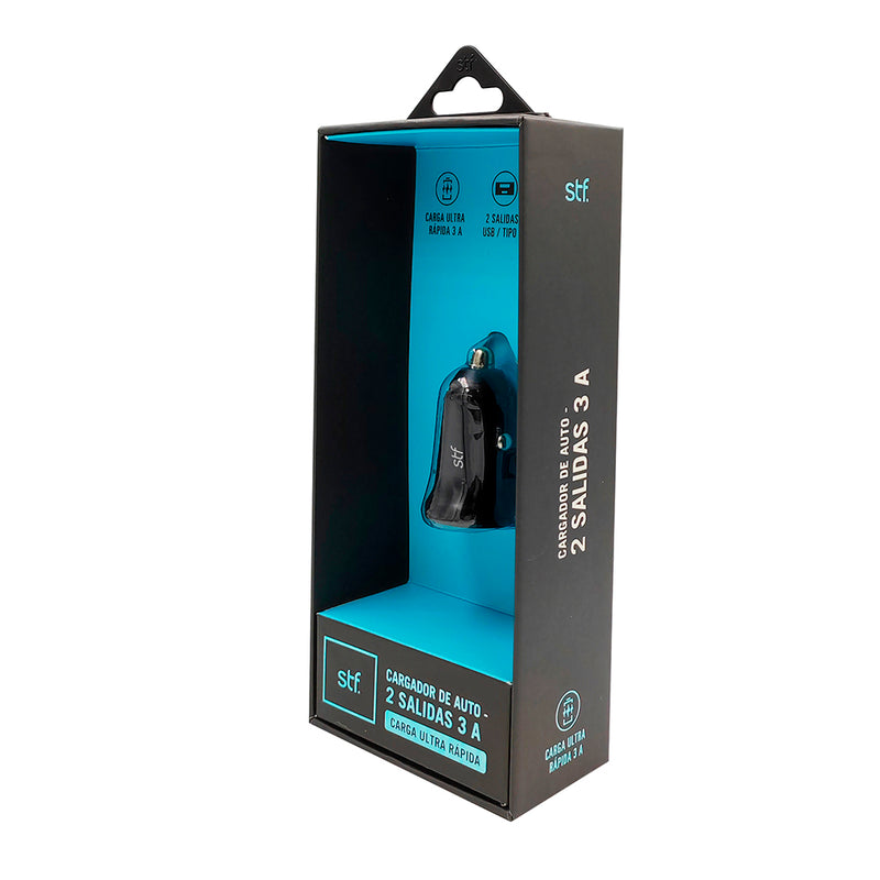 Cargador de auto 20W | STF Carga Ultra Rapida 3A | Salida tipo C y USB para celular