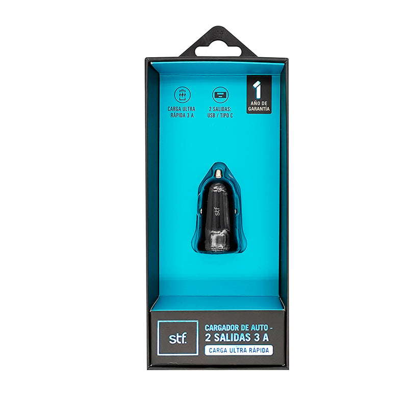 Cargador de auto 20W | STF Carga Ultra Rapida 3A | Salida tipo C y USB para celular