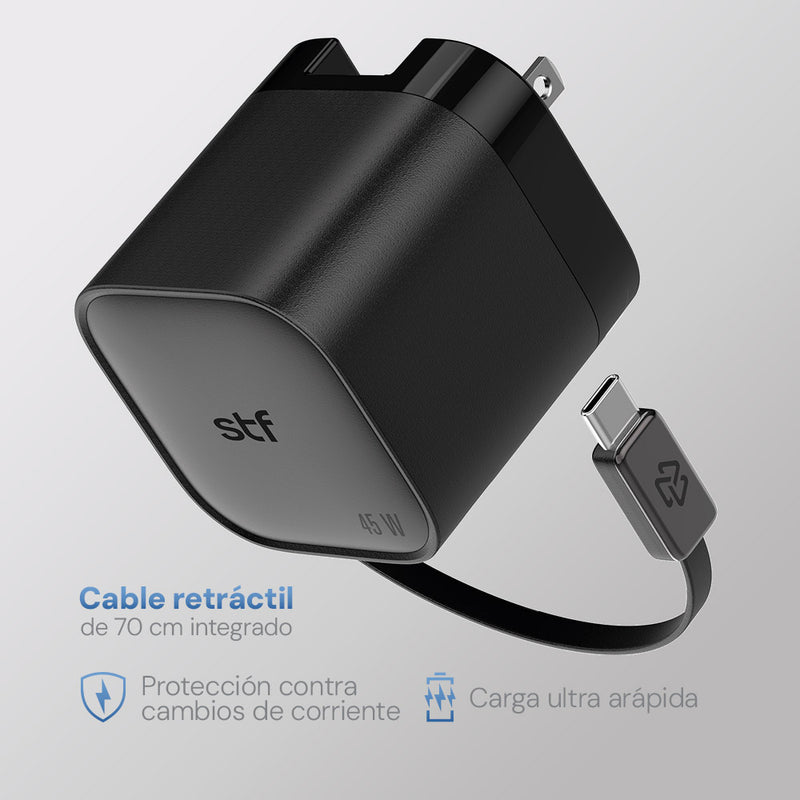 Cargador rápido STF Retráctil: 45W, Tecnología GaN, Cable Tipo C