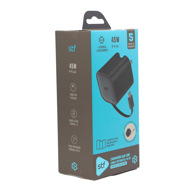 Cargador rápido STF Retráctil: 45W, Tecnología GaN, Cable Tipo C