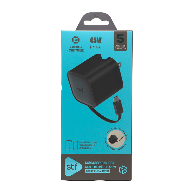 Cargador rápido STF Retráctil: 45W, Tecnología GaN, Cable Tipo C