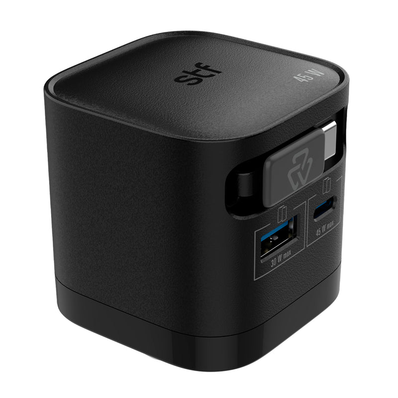 Cargador rápido STF Retráctil: 45W, Tecnología GaN, Cable Tipo C