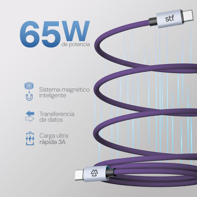 Cable Magnético STF Tipo C a Tipo C: Carga Rápida, 65W,  Transferencia de datos, Morado