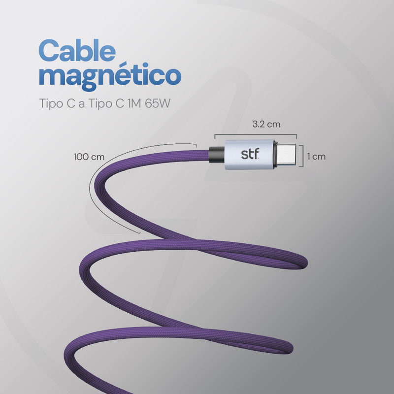 Cable Magnético STF Tipo C a Tipo C: Carga Rápida, 65W,  Transferencia de datos, Morado