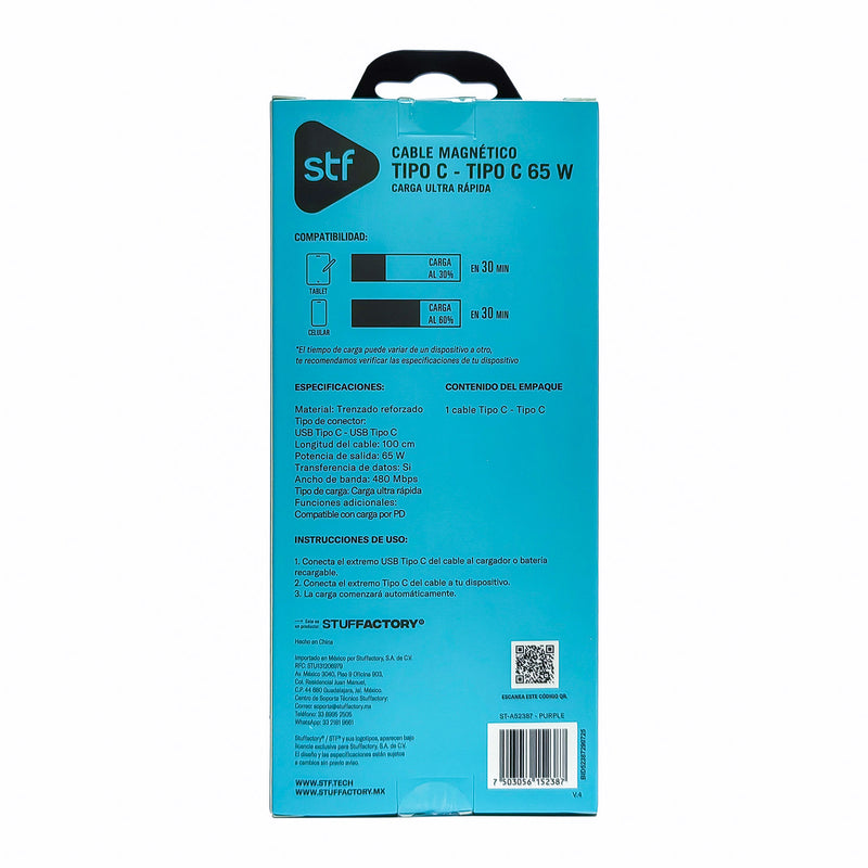 Cable Magnético STF Tipo C a Tipo C: Carga Rápida, 65W,  Transferencia de datos, Morado