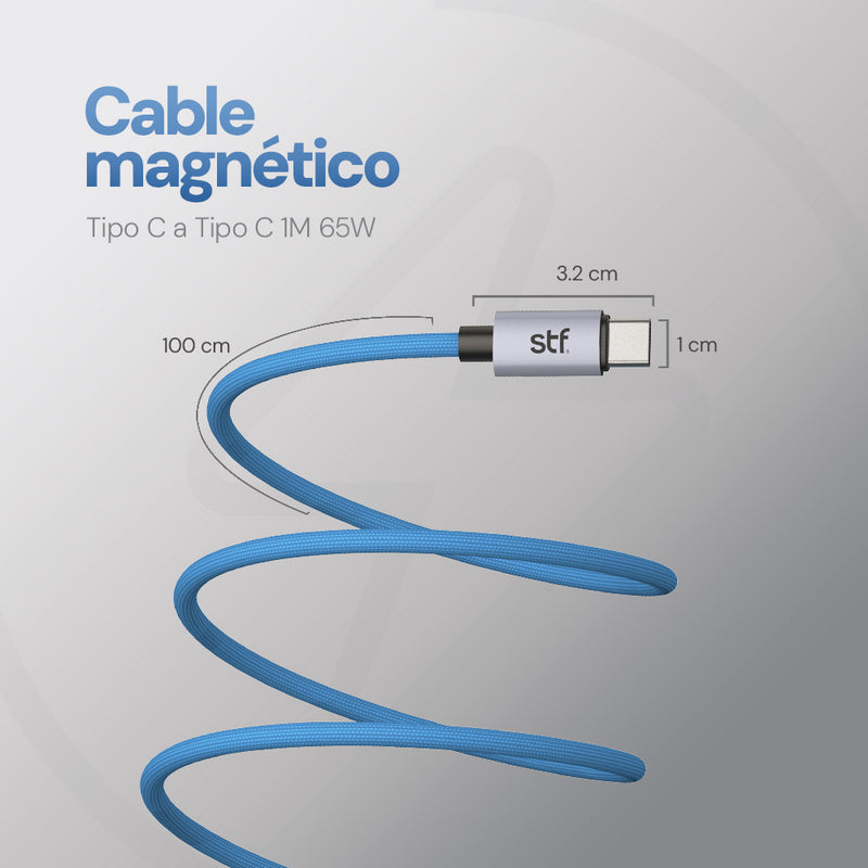 Cable Magnético STF Tipo C a Tipo C: Carga Rápida, 65W,  Transferencia de datos, Azul