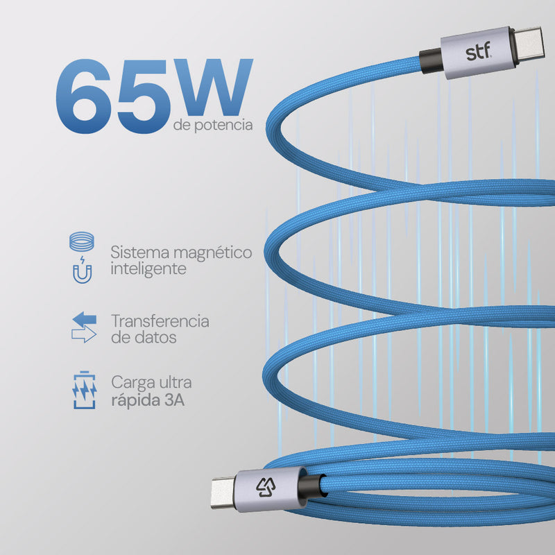 Cable Magnético STF Tipo C a Tipo C: Carga Rápida, 65W,  Transferencia de datos, Azul