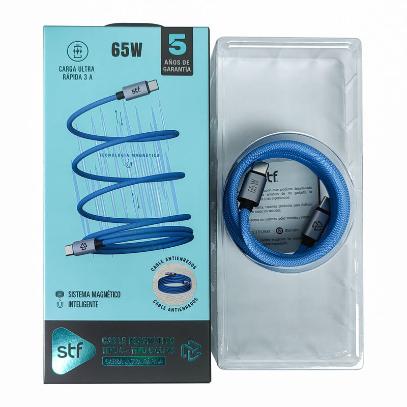 Cable Magnético STF Tipo C a Tipo C: Carga Rápida, 65W,  Transferencia de datos, Azul