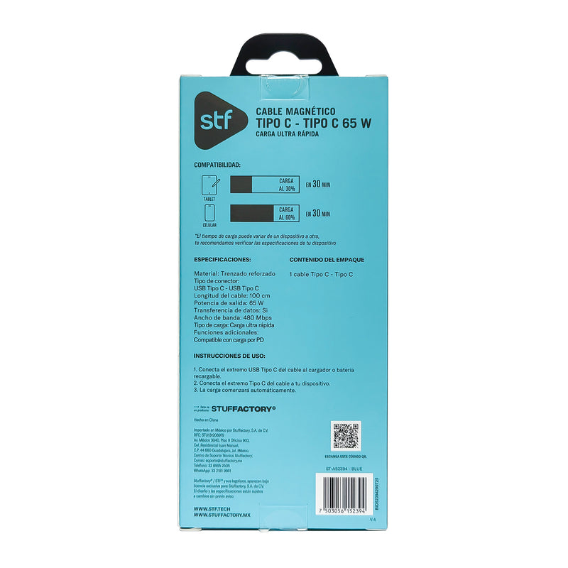Cable Magnético STF Tipo C a Tipo C: Carga Rápida, 65W,  Transferencia de datos, Azul