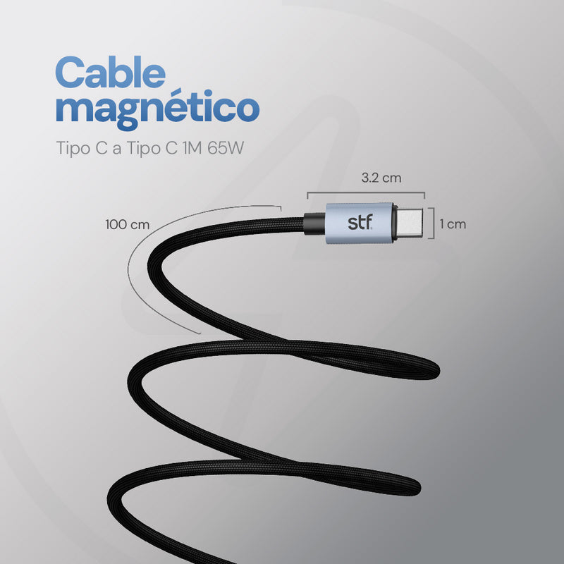 Cable Magnético STF Tipo C a Tipo C: Carga Rápida, 65W,  Transferencia de datos, Negro