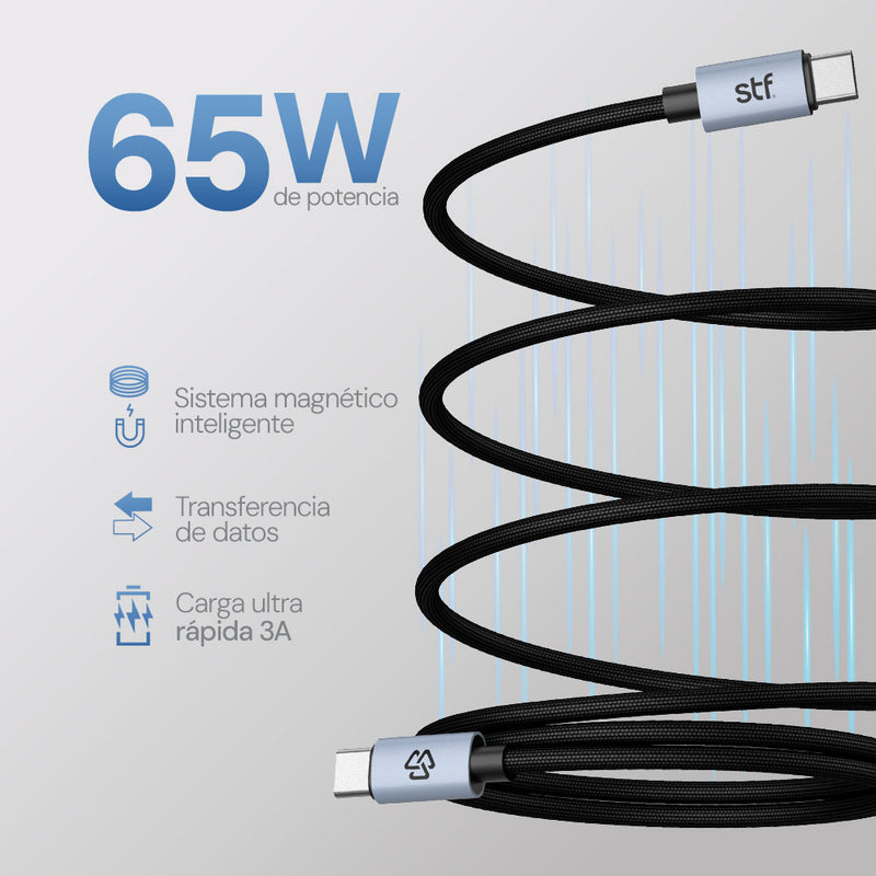 Cable Magnético STF Tipo C a Tipo C: Carga Rápida, 65W,  Transferencia de datos, Negro