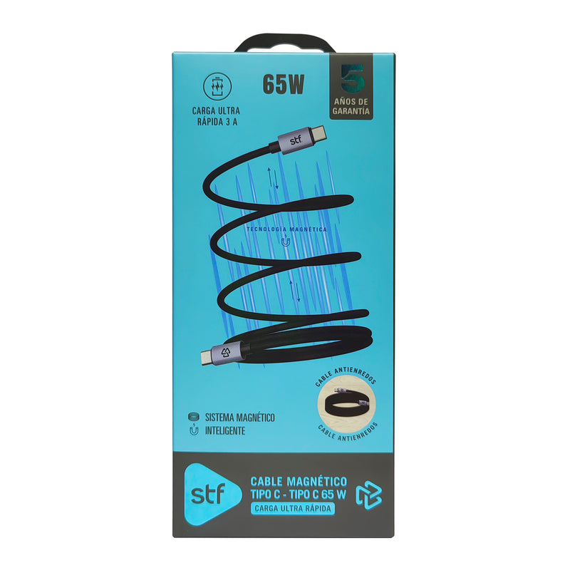 Cable Magnético STF Tipo C a Tipo C: Carga Rápida, 65W,  Transferencia de datos, Negro