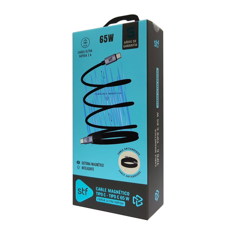 Cable Magnético STF Tipo C a Tipo C: Carga Rápida, 65W,  Transferencia de datos, Negro