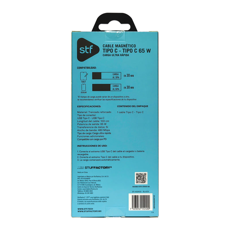 Cable Magnético STF Tipo C a Tipo C: Carga Rápida, 65W,  Transferencia de datos, Negro