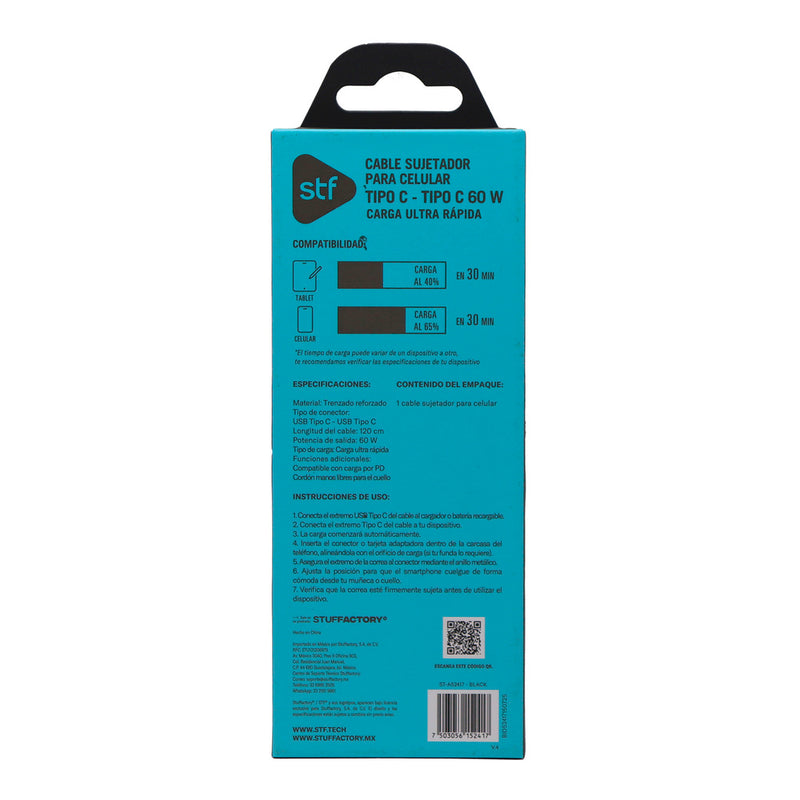Cable Sujetador STF Tipo C: 60W, Carga Rápida, Función Soporte, 120 cm