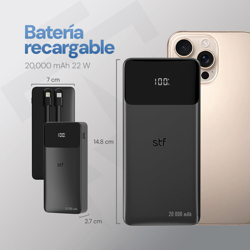 Batería Recargable STF: 20,000 mAh, 22W, con Cables Tipo C y Lightning